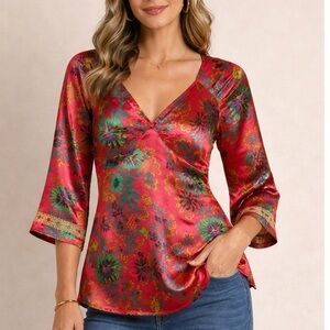 Tracy Porter Women’s Medium Red satin top with gold trim at cuff. Gorgeous flora